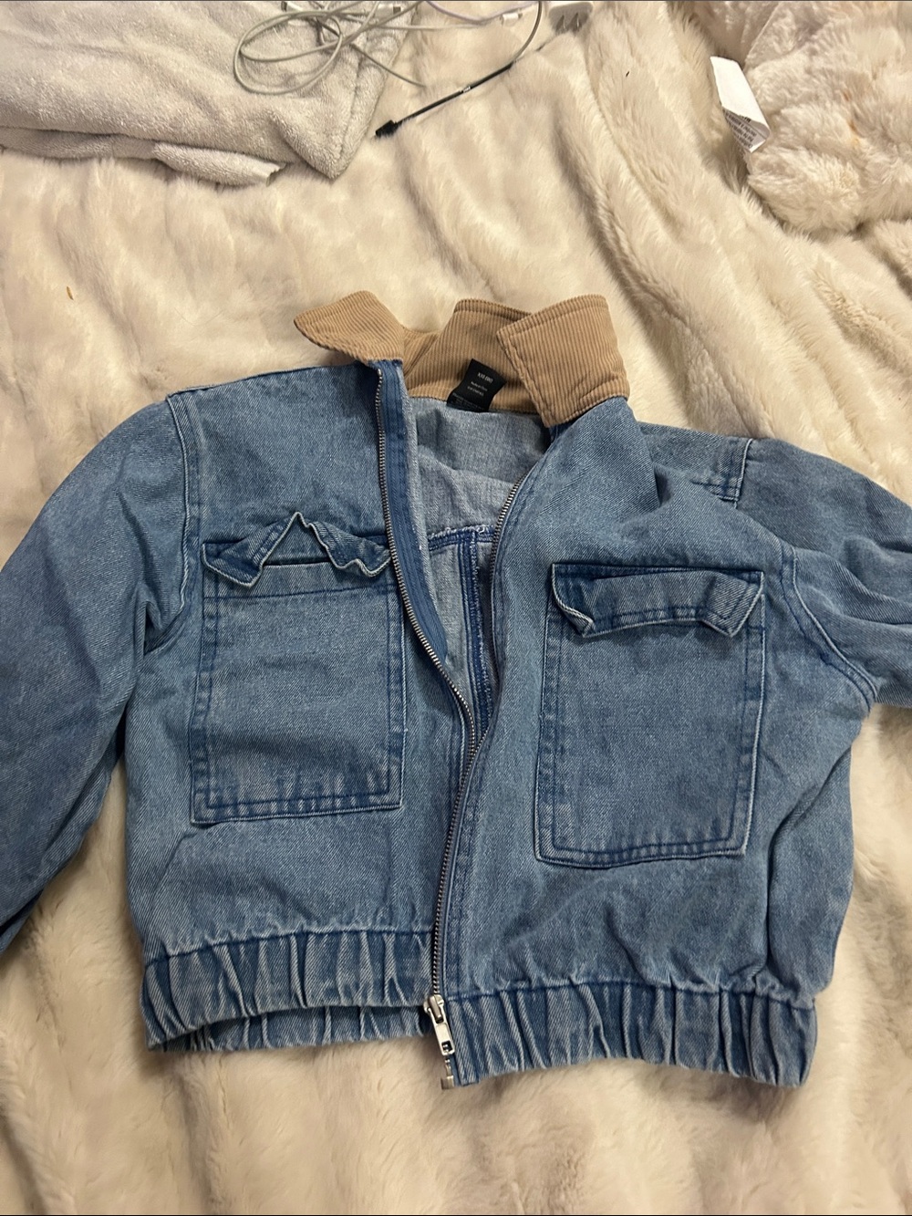 Light Blue Denim Bomber Jacket with Tan Corduroy Collar